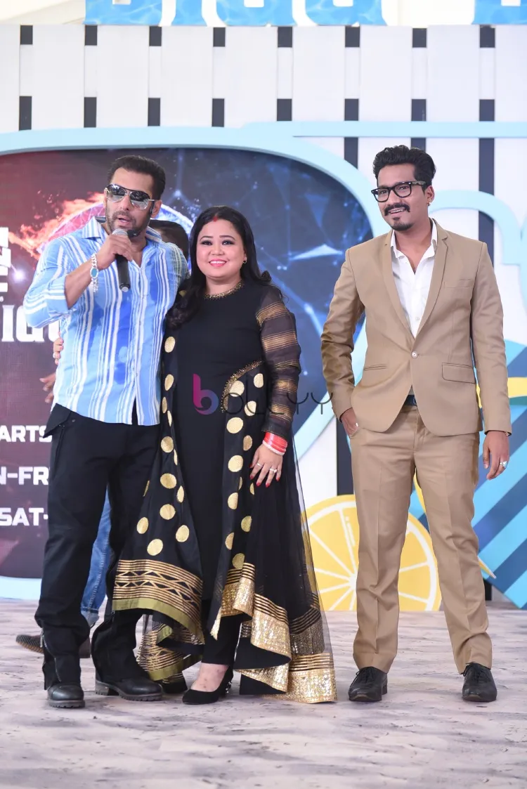 Salman Khan_Bharti Singh and Harsh Limbachiyaaa at the launch of COLORS Bigg Boss