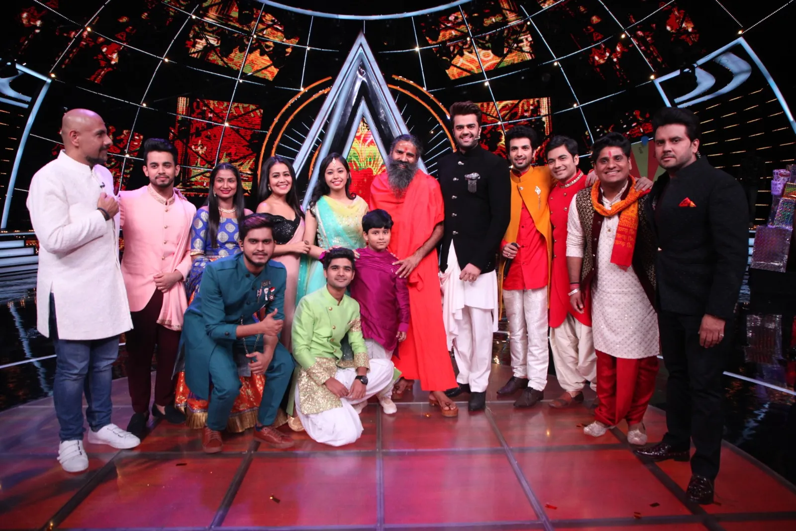 Baba Ramdev, Javed Ali with Indian Idol Contestant and Judges