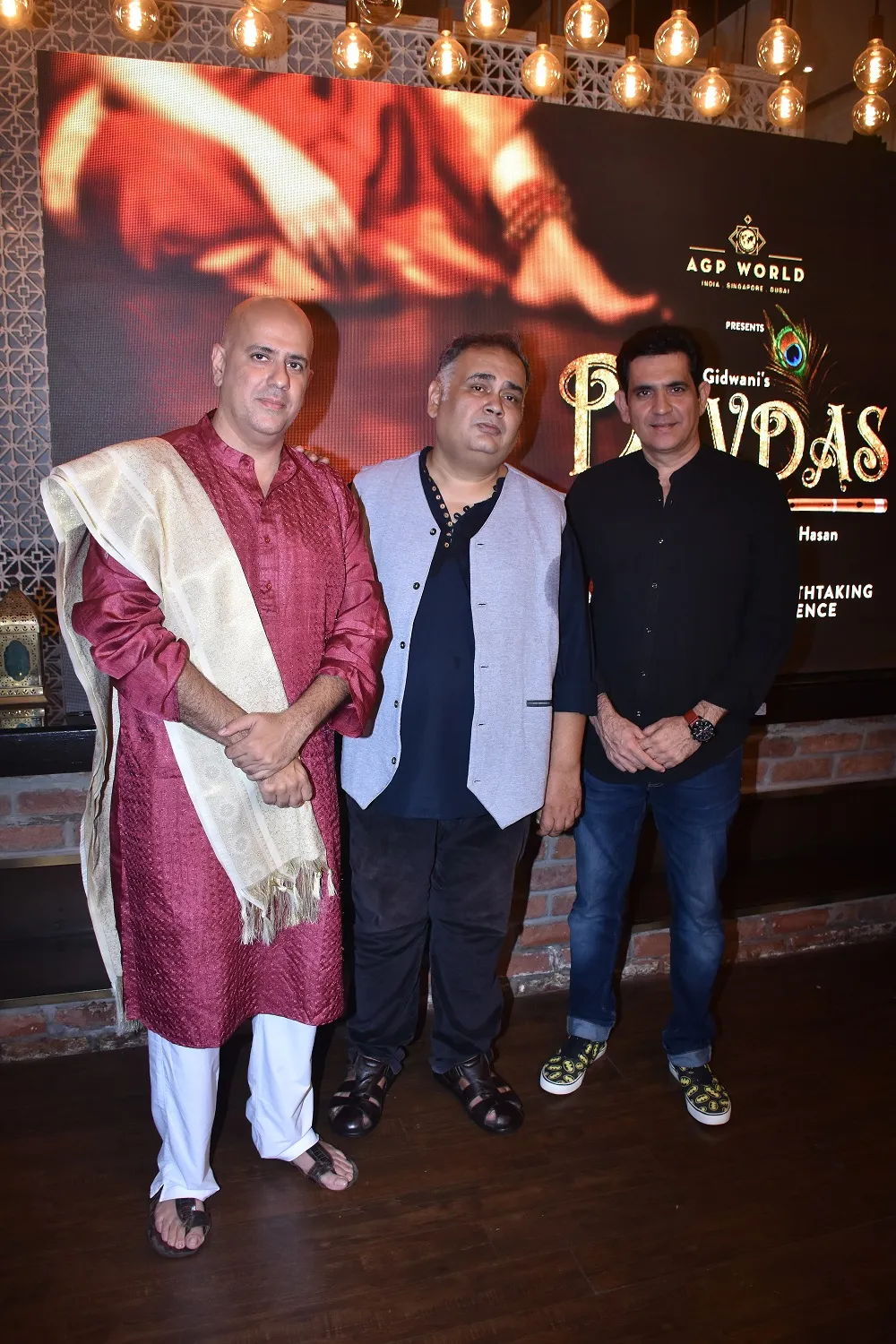 Producer Ashvin Gidwani, Director by Saif Hyder Hasan and Set & Production Designer Omung Kumar at the launch of Devdas by AGP World