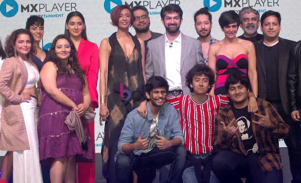 Karan Bedi, with Bollywood Actors Mandira Bedi, Priyanka Talukdar and cast poses during MX Player launch the 5MX entertainment on one App series 