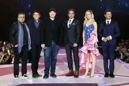 Joe Russo, Anthony Russo, Kevin Feige, Robert Downey Jr., Jeremy Renner and Brie Larson