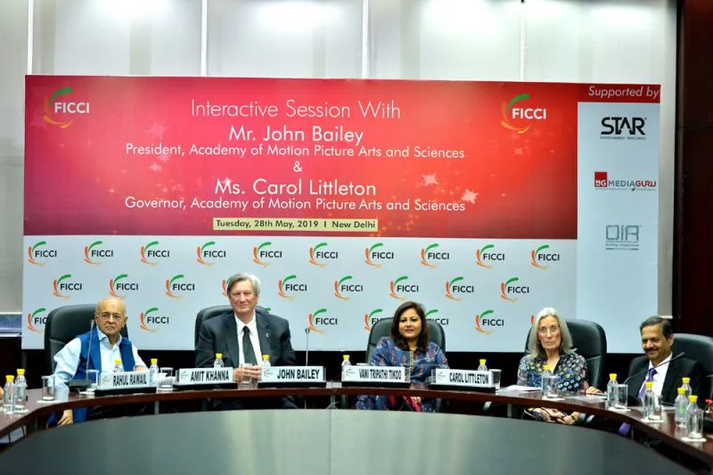 Mr Amit Khanna, Renowned Lyricist and filmmaker; Mr John Bailey, President of Academy of Motion Picture Arts and Sciences; Ms Vani Tripathi Tikoo, Member, CBFC and Ms Carol Littleton during an Interactive Session with Stakeholders of Media and Entertainment Industry at FICCI in New Delhi.