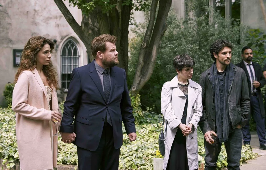 L-R - Amandine Buckingham (Melia Kreiling), Jamie Buckingham (James Corden), Lue (Sally Hawkins), Jeff Wilson (Colin Morgan)