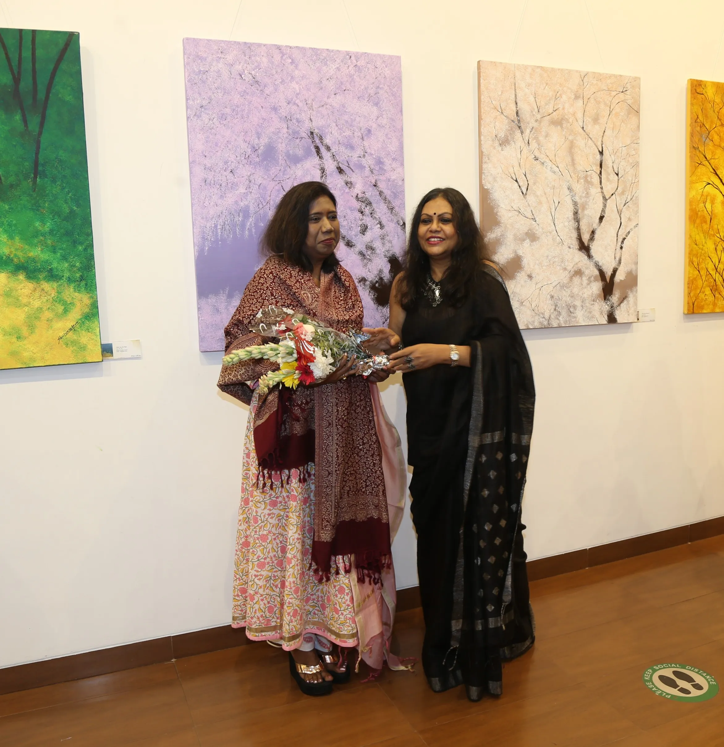 Anita Peter and Sanjukta Arun at Sanjukta Arun's Painted Ballads exhibition at Nehru Centre Art Gallery