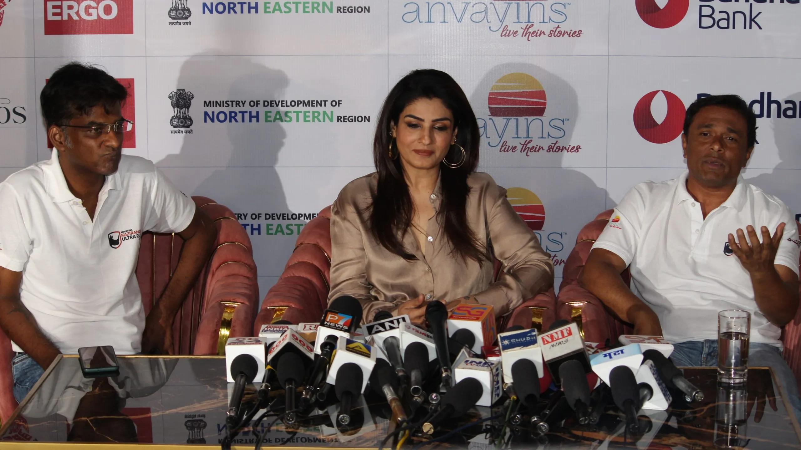 S Ramachandran, Raveena Tandon Nishikant Das at the press conference to announce the Anvayins Ultra Marathon Run to save the rhino)