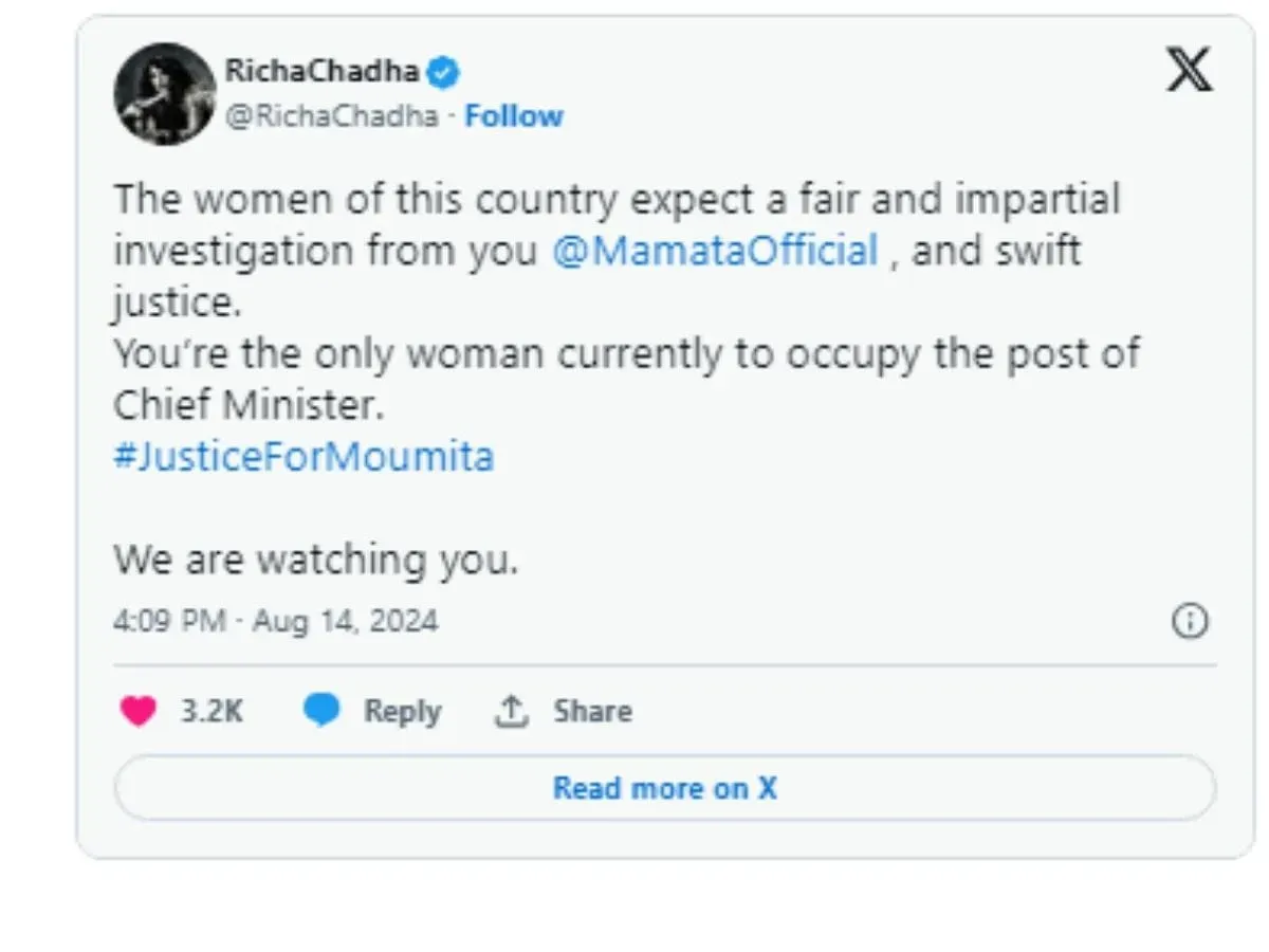 Richa Chadha, Richa Chadha News, Richa Chadha on Kolkata Rape Murder Case, Richa Chadha Post on Kolkata Rape Murder Case, Richa Chadha demands impartial investigation from Mamata Banerjee, Richa Chadha Post for Mamata Banerjee, Richa Chadha, Kolkata Rape-Murder Case, Mamata Banerjee