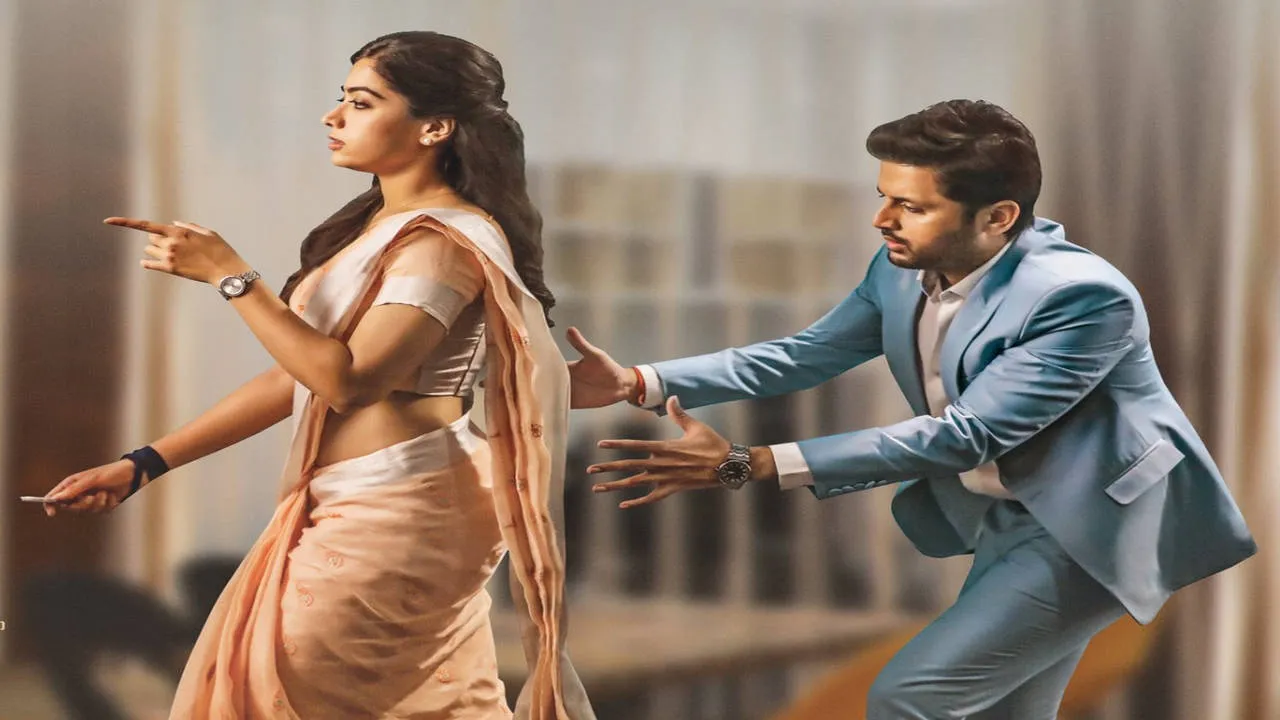 Nithiin and Rashmika Mandanna with the crew on sets of Bheeshma.