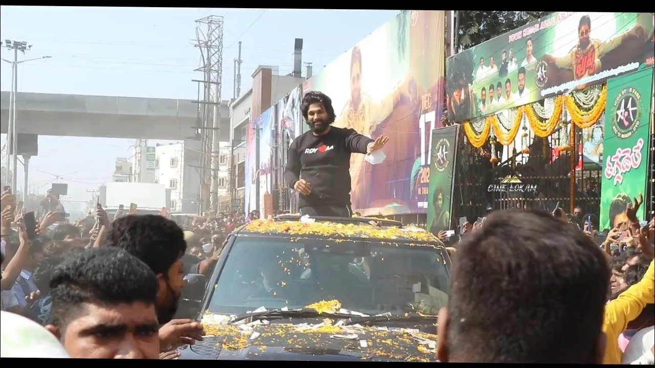 Pushpa Raj Entry | Allu Arjun powerful entry in Sandhya Theatre at RTC X  Road Hyderabad - YouTube