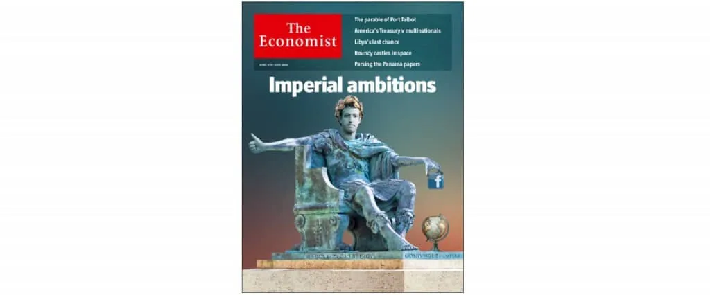 Facebook’s Mark Zuckerberg as a Roman emperor on the cover of The Economist (April 9-15, 2016)