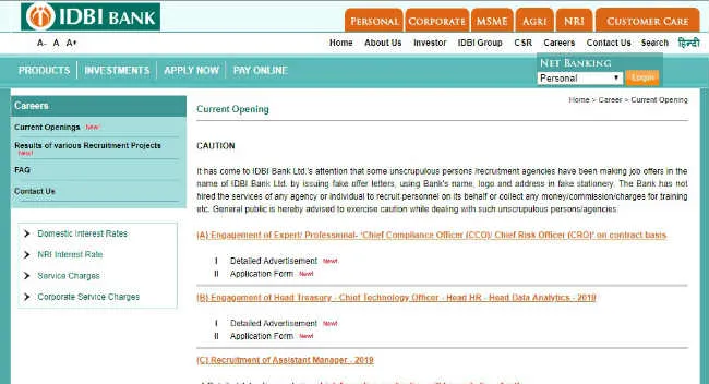 IDBI Bank Recruitment 2019