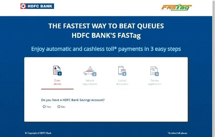 Buy FASTag from HDFC Bank