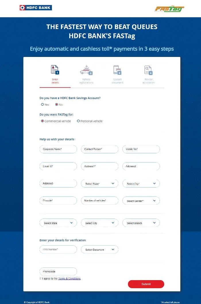 Buy FASTag from HDFC Bank