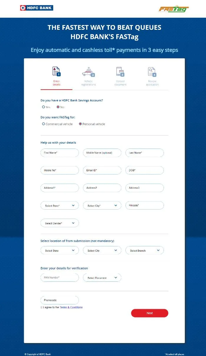 Buy FASTag from HDFC Bank