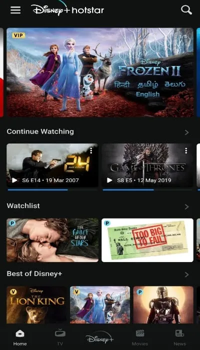 Disney+Hotstar first page