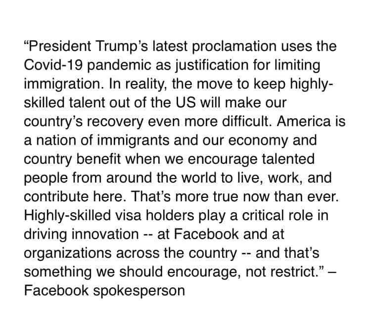 Facebook Statement on H1B Visa