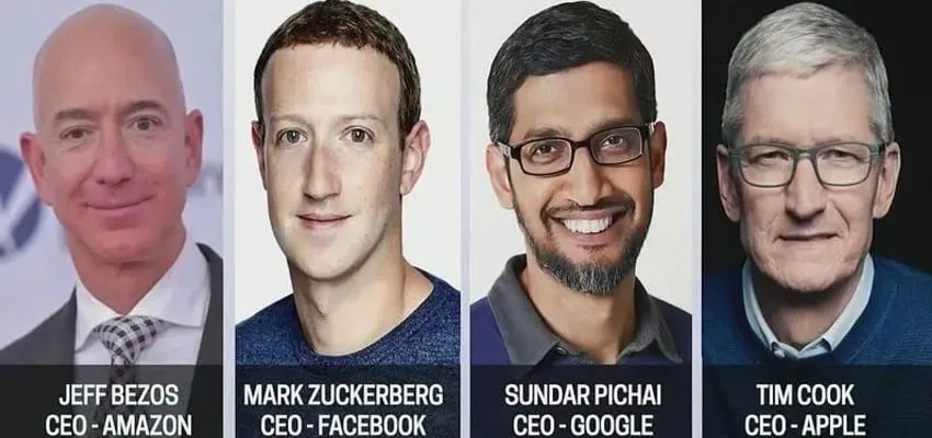 Facebook's Mark Zuckerberg, Amazon's Jeff Bezos, Sundar Pichai of Google and Tim Cook of Apple
