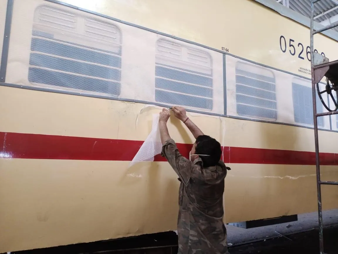 Various exterior as well as interior views of the Isolation coach being modified by W. Rly's workshop at Lower Parel as per the guidelines of Railway Board.