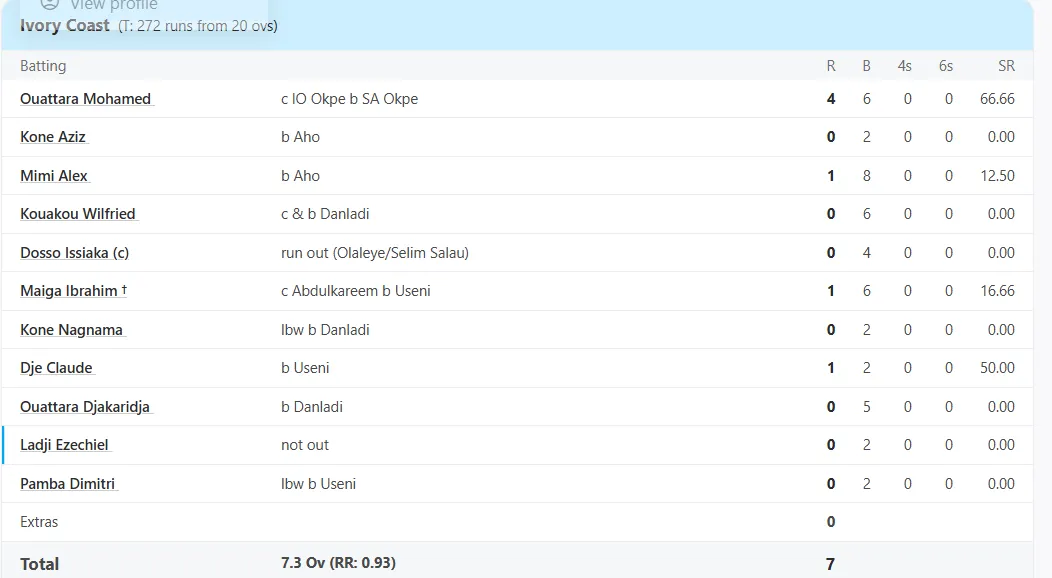 Nigeria vs Ivory Coast, 5th Match at Abuja, Africa QLF C, Nov 24 2024 - Full Scorecard