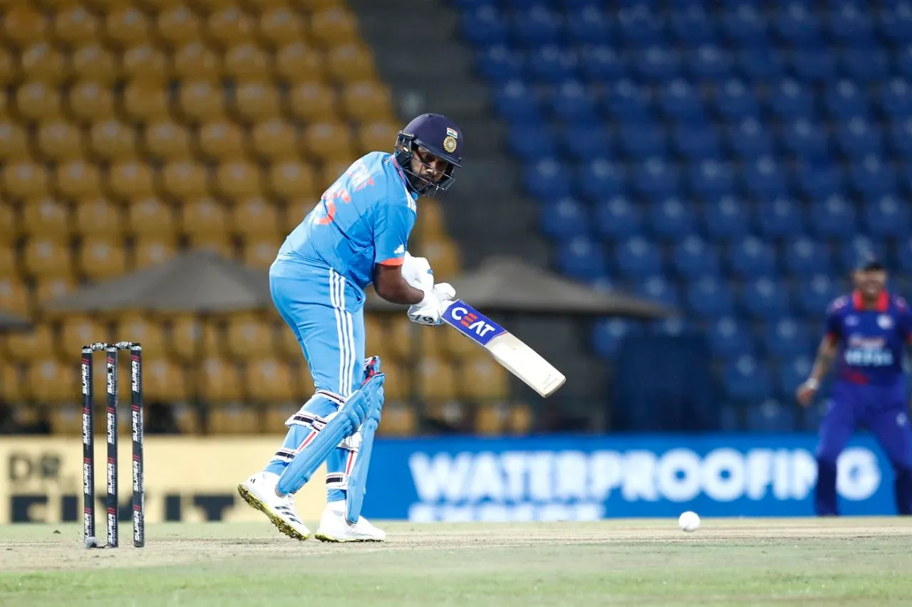 Rohit Sharma watches the ball after steering it behind point, India vs Nepal, Asia Cup, Pallekele, September 4, 2023