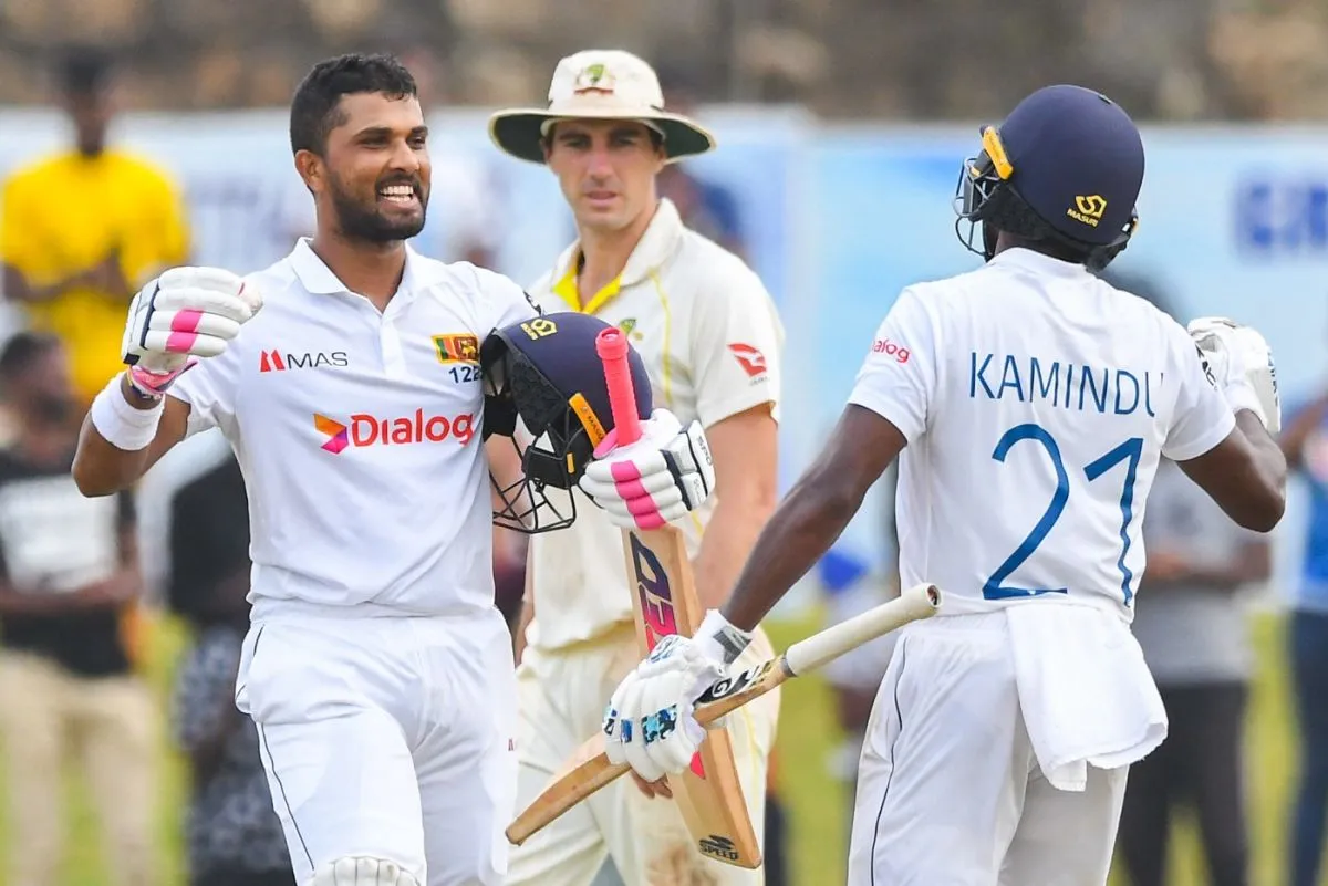 Kamindu Mendis congratulates Dinesh Chandimal on his century, Sri Lanka vs Australia, 2nd Test, Galle, 3rd day, July 10, 2022