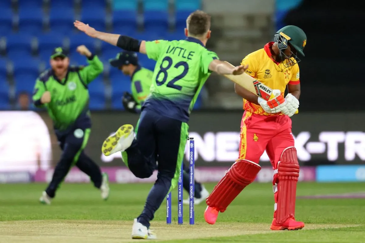 Josh Little celebrates after dismissing Regis Chakabva, Ireland vs Zimbabwe, ICC Men's T20 World Cup, Hobart, October 17, 2022