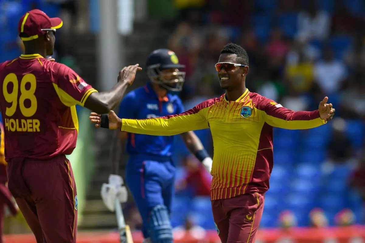 Akeal Hosein celebrates the wicket of Rishabh Pant, West Indies vs India, 2nd T20I, St Kitts, August 1, 2022