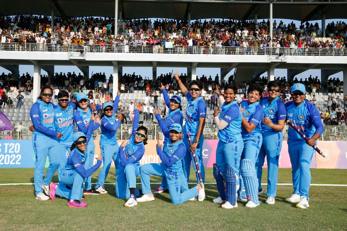 Members of the Indian team celebrate after their win, India vs Sri Lanka, Final, Women's Asia Cup, Sylhet, October 15, 2022 