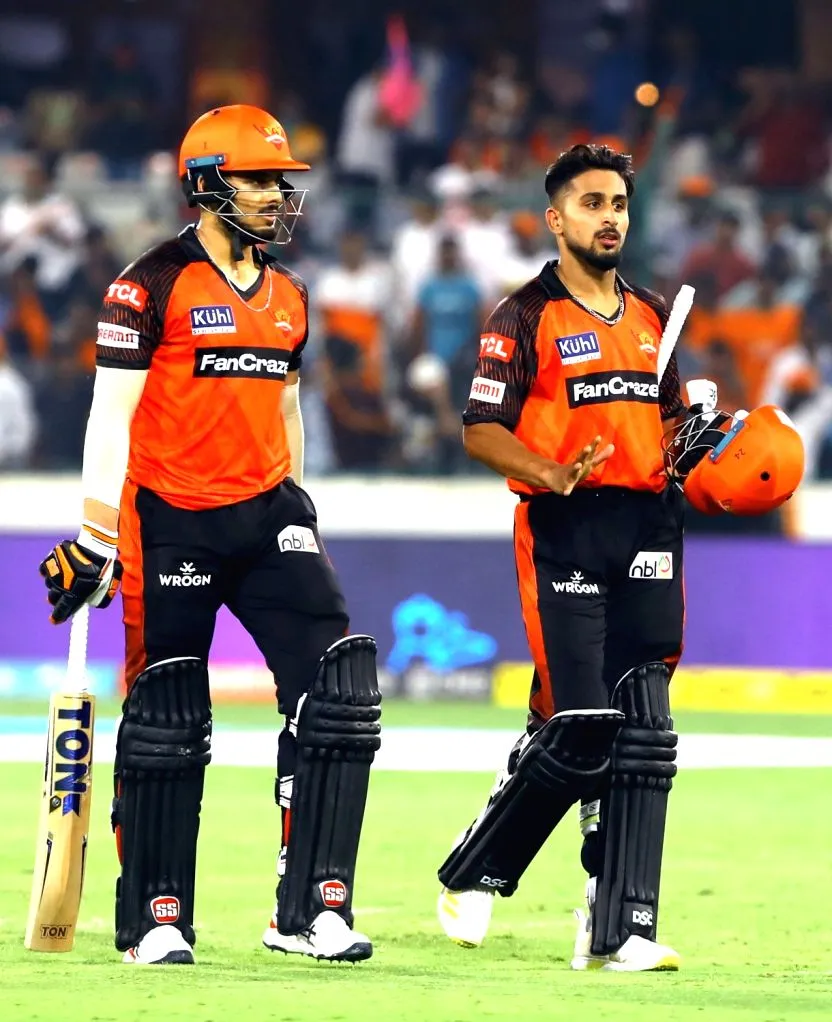 Hyderabad : SRH players Abdul Samad along with Umran Malik walk back after losing SRH's first match ...