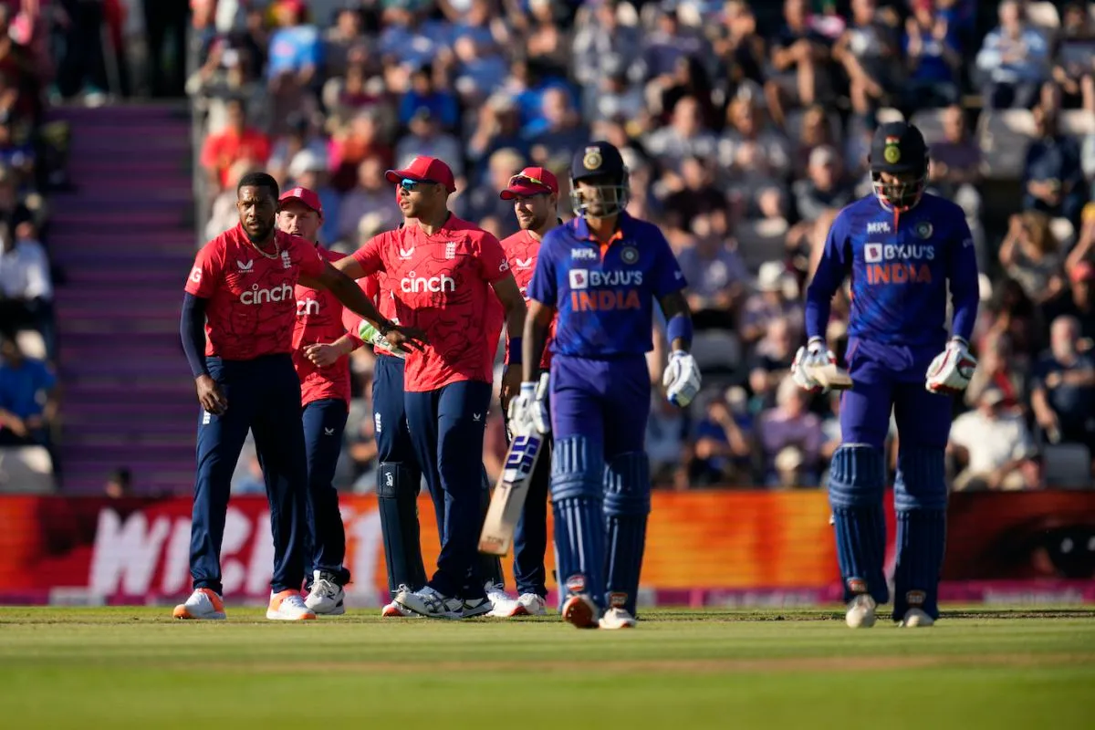 Team-mates get around Chris Jordan after he removed Deepak Hooda, England vs India, 1st T20I, Southampton, July 7, 2022 