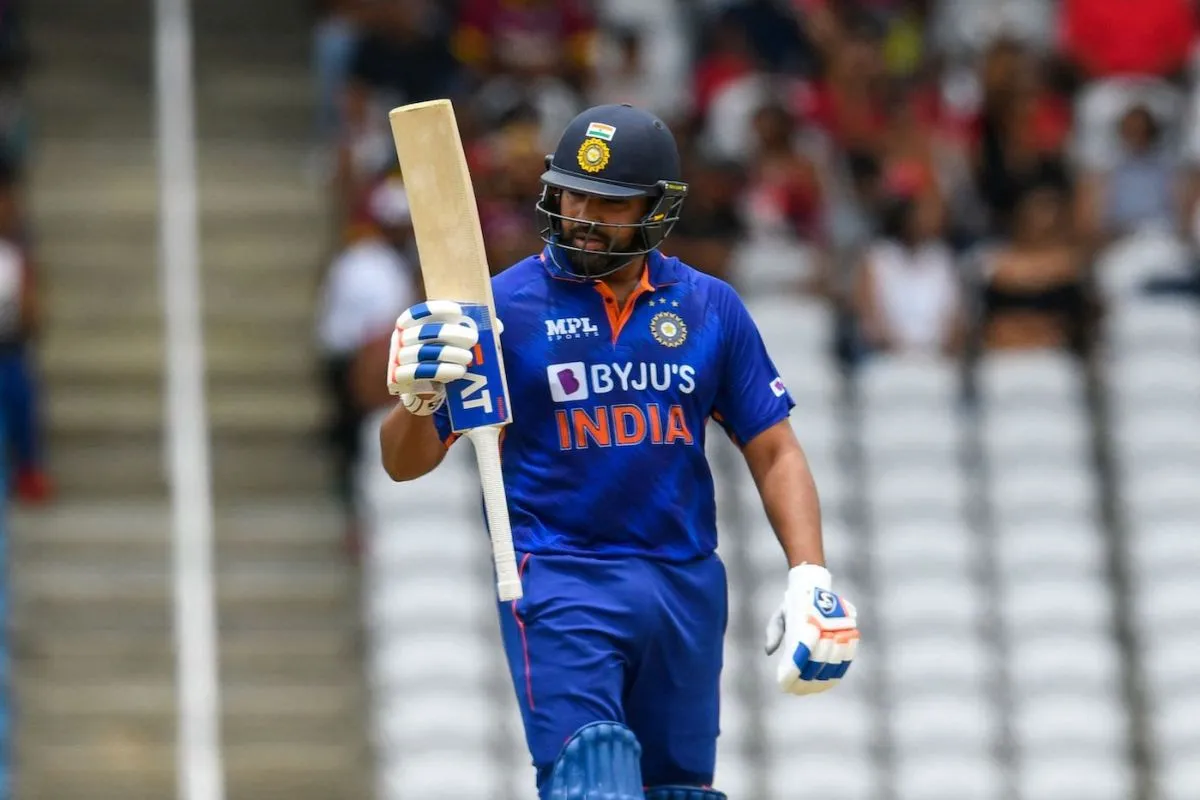 Rohit Sharma raises his bat after getting to a half-century, West Indies vs India, 1st T20I, Tarouba, July 29, 2022 