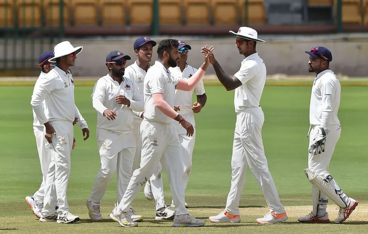 Mohit Avasthi celebrates after dismissing Shubham Sharma to break the 222-run stand with Yash Dubey, Mumbai vs MP, Ranji Trophy 2021-22 final, Bengaluru, June 24, 2022