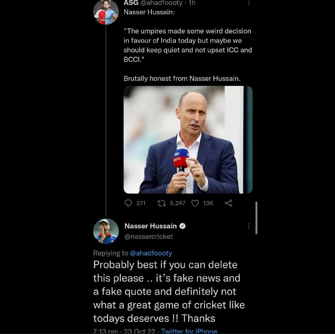 Nasser Hussain fake tweet- ind vs pak- icc t20 wc 2022