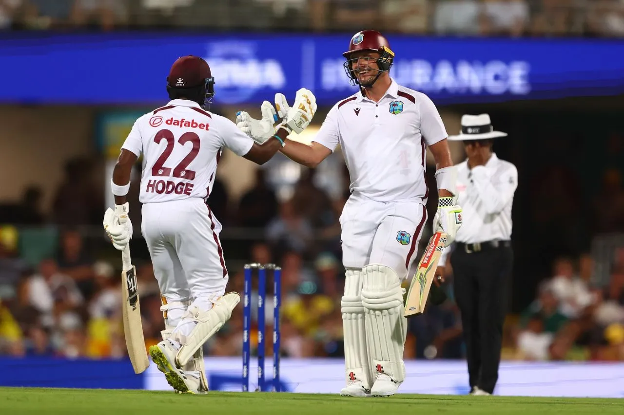 Kavem Hodge and Joshua Da Silva put on the first 100-plus partnership of the series, Australia vs West Indies, 2nd Test, Brisbane, day 1, January 25, 2024