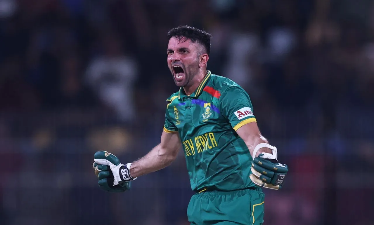 Keshav Maharaj roars after hitting the winning four, Pakistan vs South Africa, World Cup, Chennai, October 27, 2023