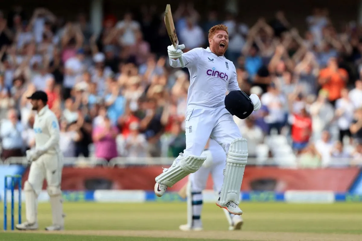 Jonny Bairstow celebrates after scoring a 77-ball hundred, England vs New Zealand, 2nd Test, Nottingham, 5th day, June 14, 2022