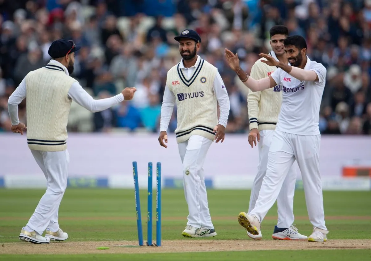 The Indian players are all smiles after Jasprit Bumrah sent back Alex Lees early, England vs India, 5th Test, Birmingham, 2nd day, July 2, 2022