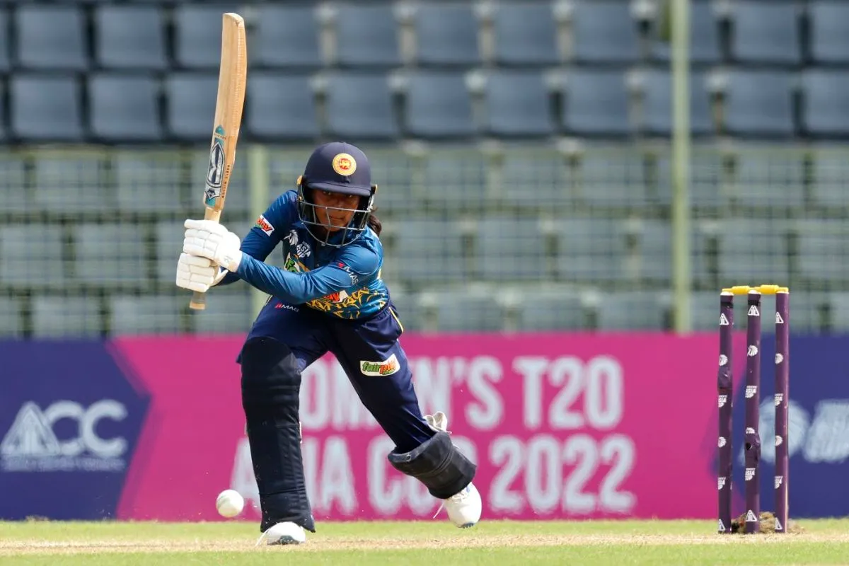 Harshitha Samarawickrama drives one through the off side, Pakistan vs Sri Lanka, 2nd semi-final, Women's T20 Asia Cup, Sylhet, October 13, 2022