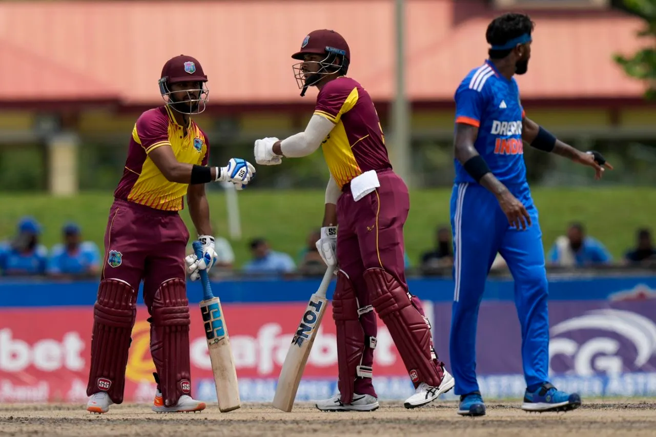 Nicholas Pooran and Brandon King bump gloves, West Indies vs India, 5th men's T20I, Lauderhill, August 13, 2023