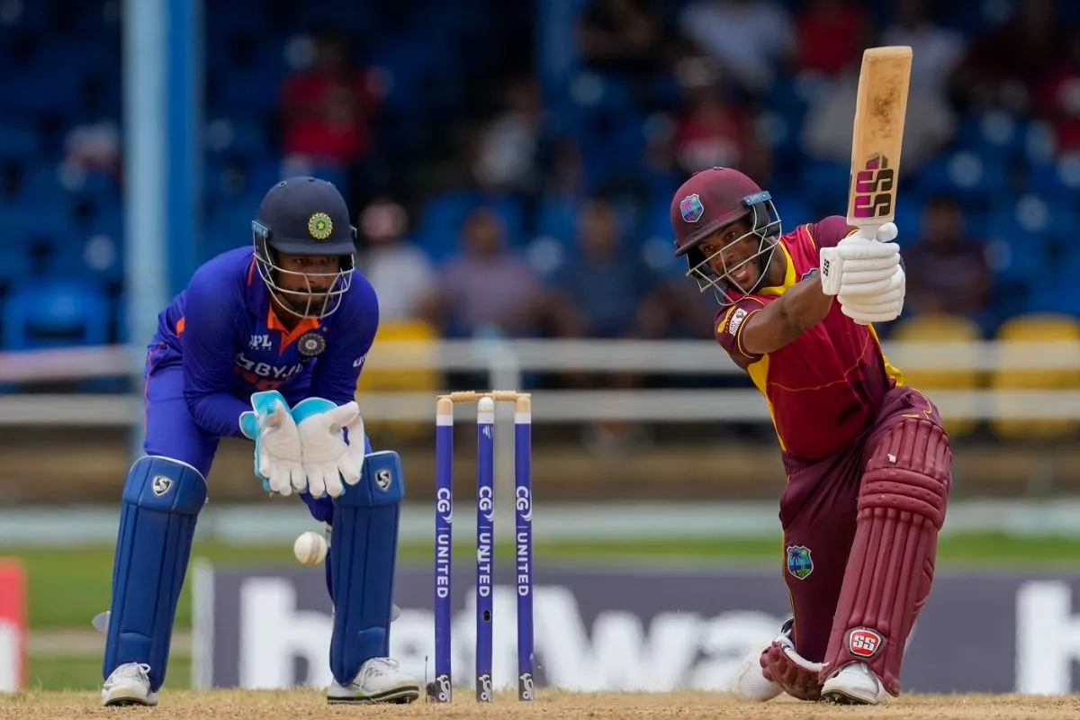 Shai Hope plays a shot through the off side, West Indies v India, 2nd ODI, Port of Spain, July 24, 2022