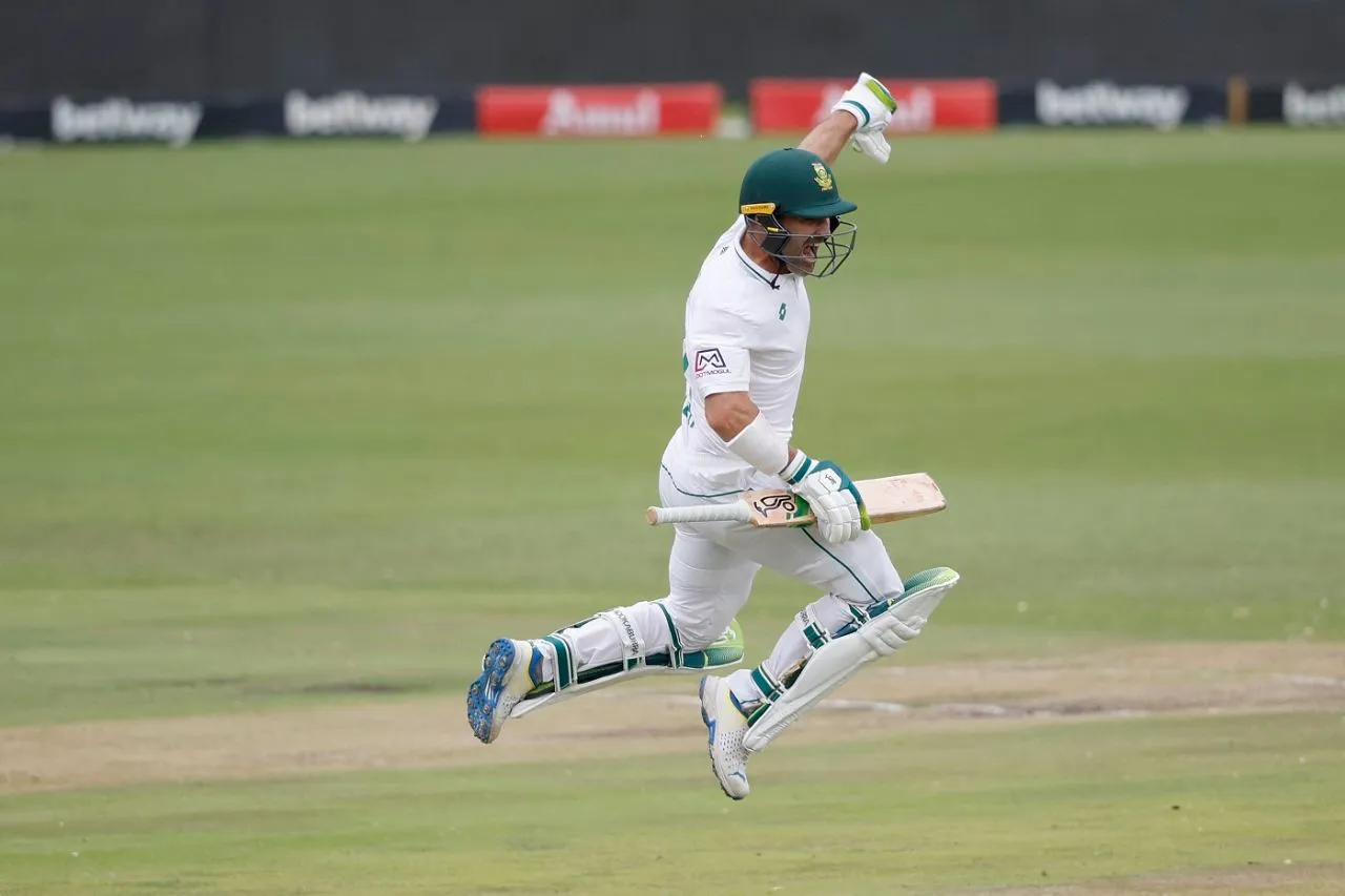 Dean Elgar leaps in celebration after his century, South Africa vs India, 1st Test, Centurion, 2nd day, December 27, 2023