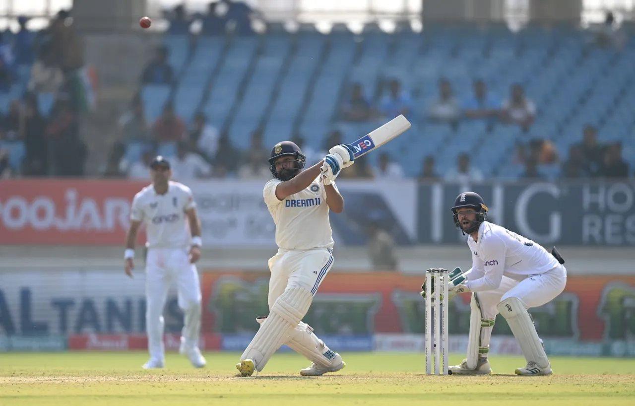 Rohit Sharma lofts over midwicket, India vs England, 3rd Test, Rajkot, 1st day, February 15, 2024