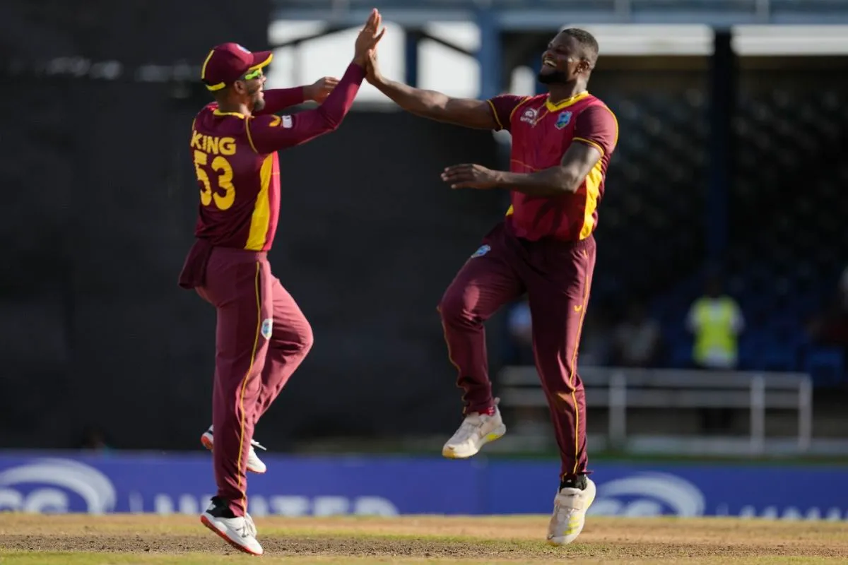 Romario Shepherd celebrates a wicket with Brandon King, West Indies v India, 2nd ODI, Port of Spain, July 24, 2022