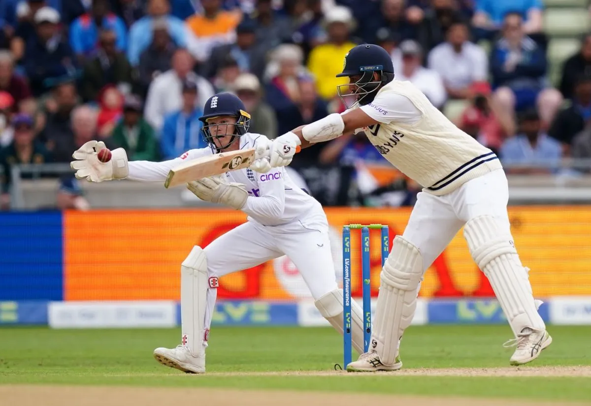 Cheteshwar Pujara reaches out for the ball, England vs India, 5th Test, Birmingham, 3rd Day, July 3, 2022 