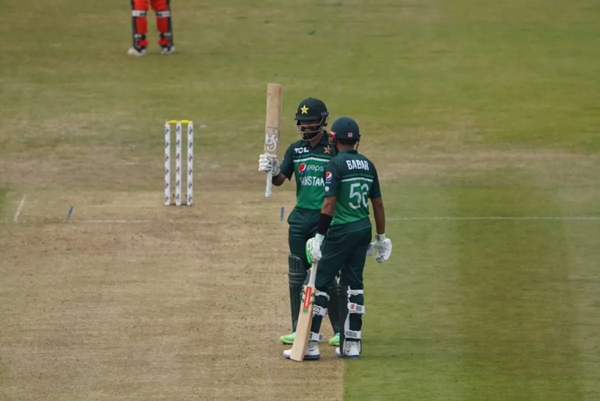 Fakhar Zaman raises his bat after getting to a milestone, Netherlands vs Pakistan, 1st ODI, Rotterdam, August 16, 2022 