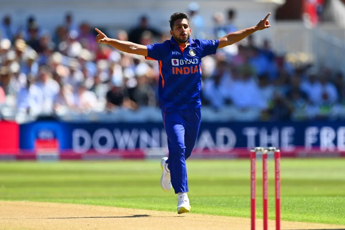 Umran Malik celebrates a wicket, England vs India, 3rd T20I, Nottingham, July 10, 2022