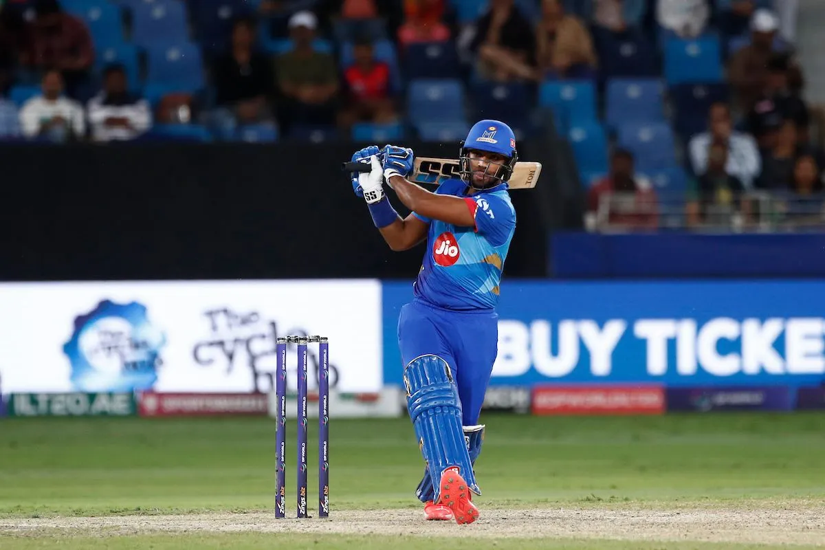 Nicholas Pooran powers one through the on side, Dubai Capitals vs MI Emirates, ILT20, Dubai, February 5, 2023