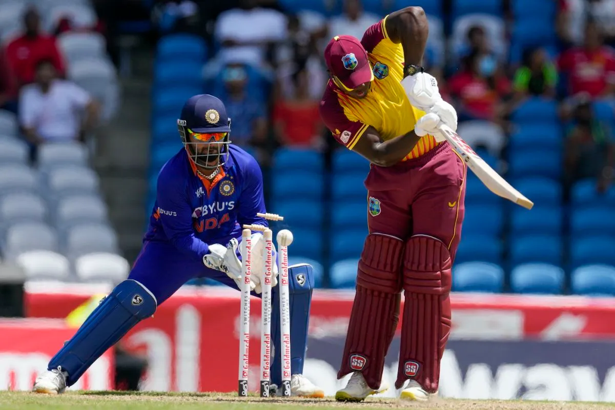 Rovman Powell gets bowled by a Ravi Bishnoi delivery, West Indies vs India, 1st T20I, Tarouba, July 29, 2022 