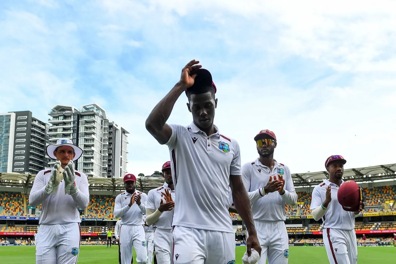 Shamar Joseph leads his team off the field at the dinner break, Australia vs West Indies, 2nd Test, Brisbane, 4th day, January 28, 2024