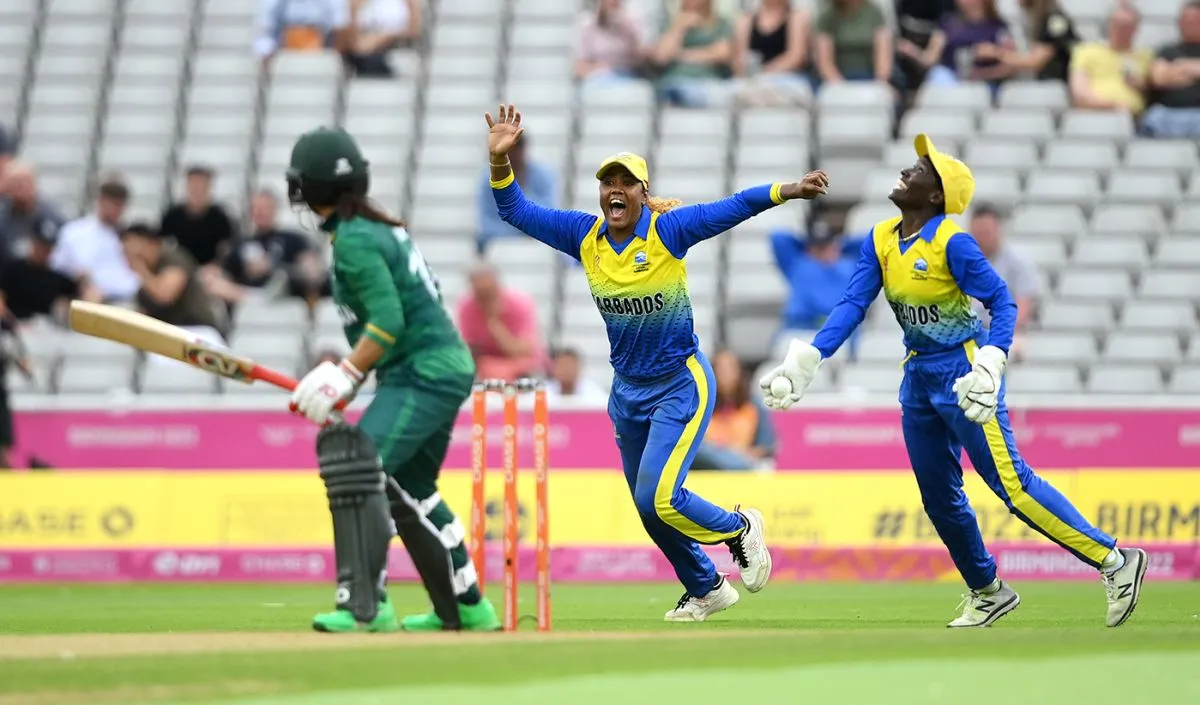 Hayley Matthews and Kycia Knight celebrate a wicket, Barbados vs Pakistan, Commonwealth Games, Birmingham, July 29, 2022