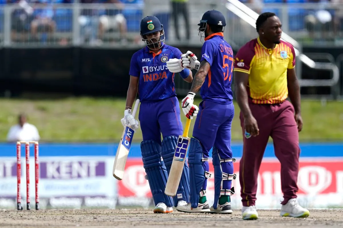 Shreyas Iyer and Deepak Hooda have a glove-punch during their 76-run stand, West Indies vs India, 5th T20I, Lauderhill, August 7, 2022 